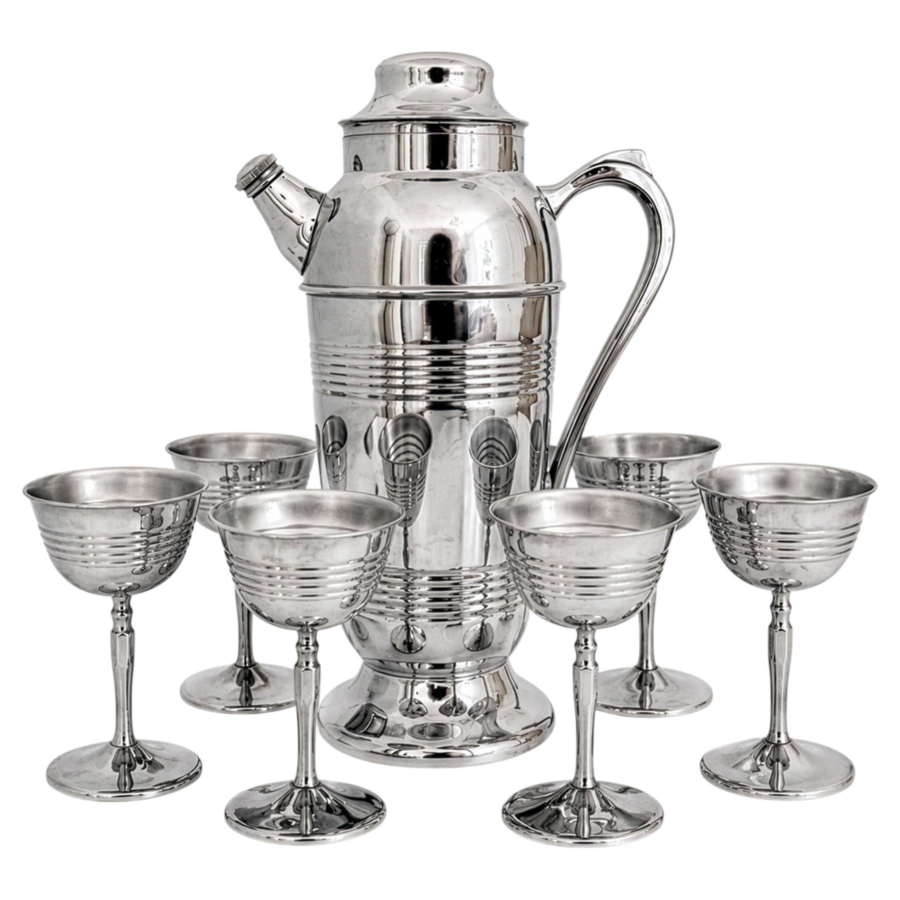 Mid-Century Chrome Cocktail Set, Shaker & Six Coupe Goblets, 1950s