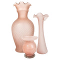 Mid-Century Vintage Pink Satin Glass Vase Set with Ruffled Design