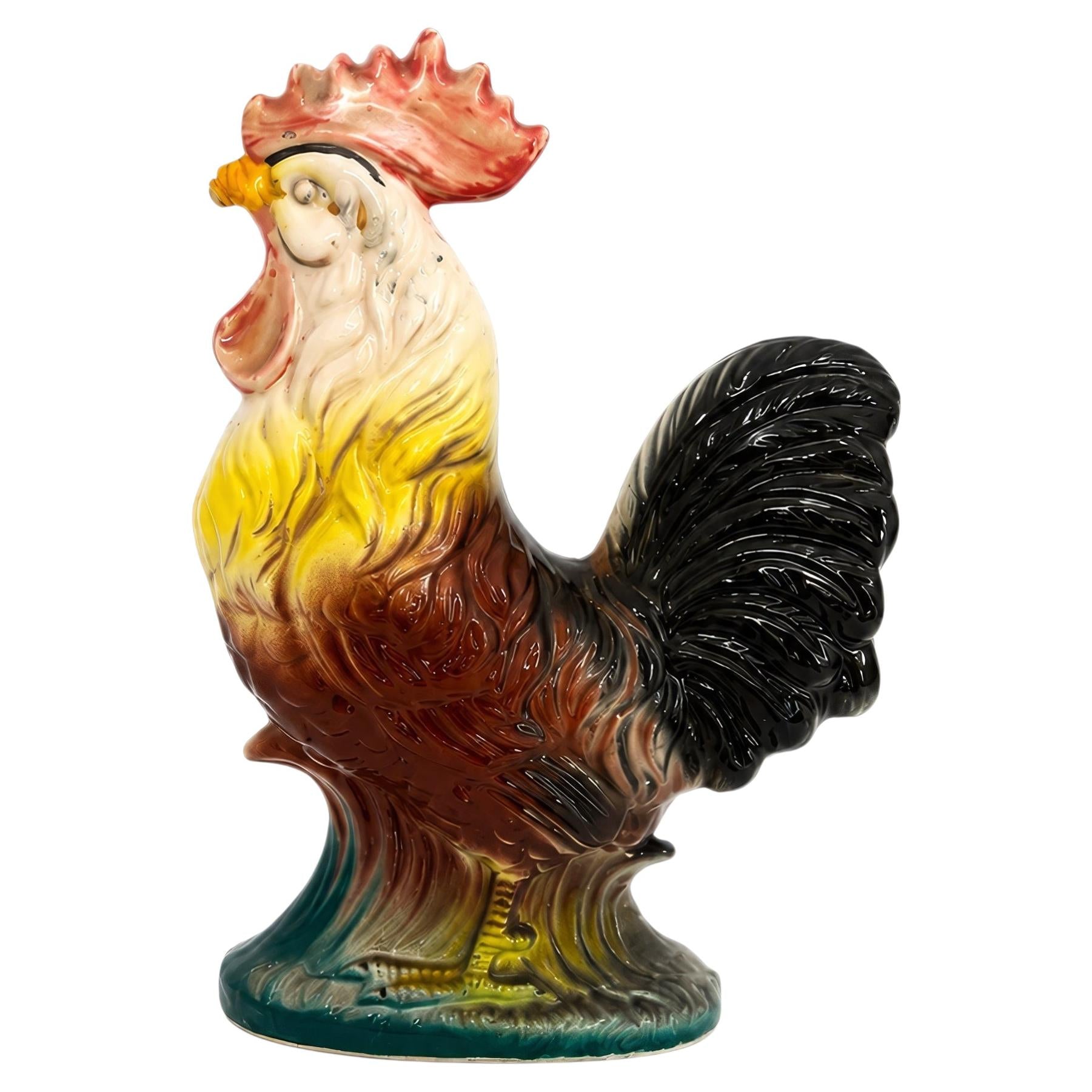 Antique Saint-Clément French Faience Rooster Sculpture, 1900-1930