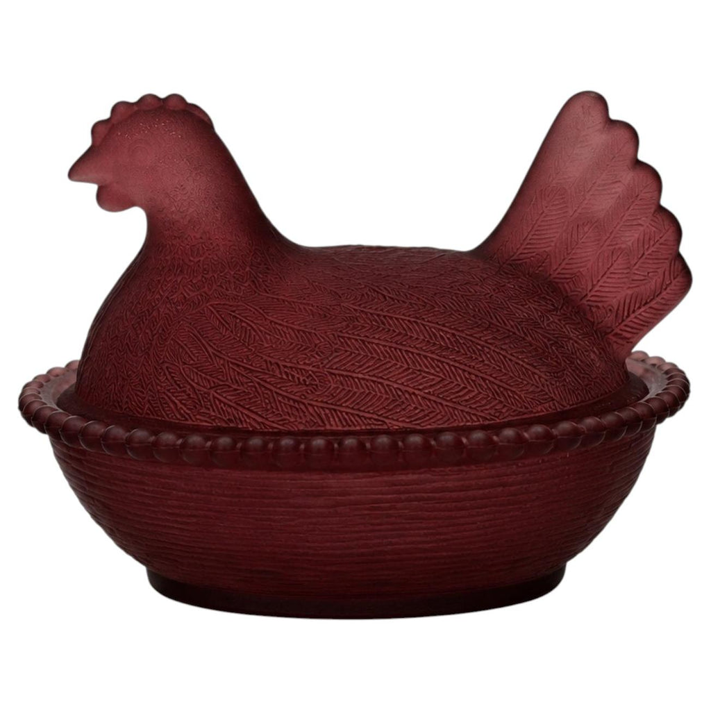 Cranberry Frosted Glass Hen-on-Nest Dish, Vintage USA Accent