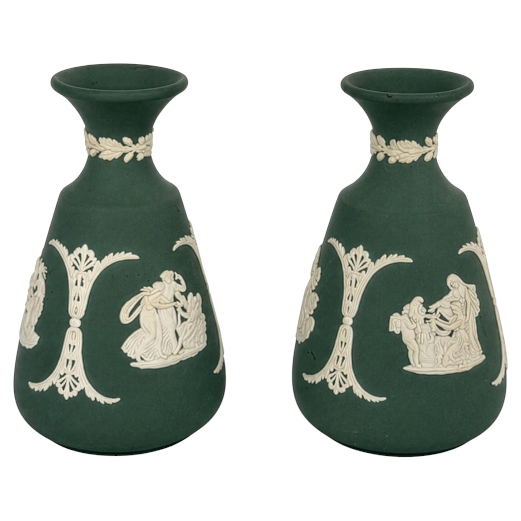 Pair of Wedgwood Green Jasperware Bud Vases, Neoclassical, 1960s