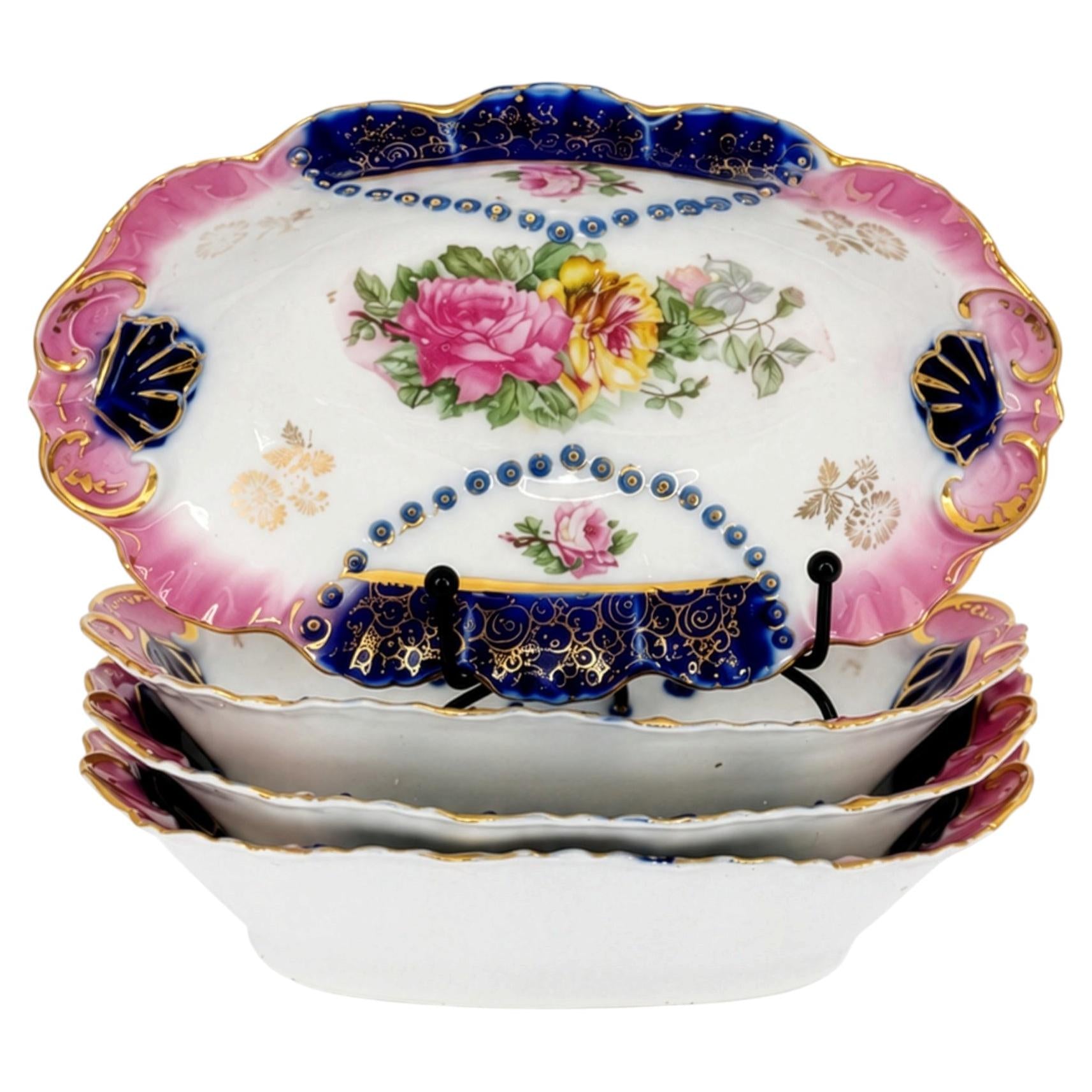Set of Four IPF Germany Porcelain Oval Dishes, Cobalt Blue & Gold