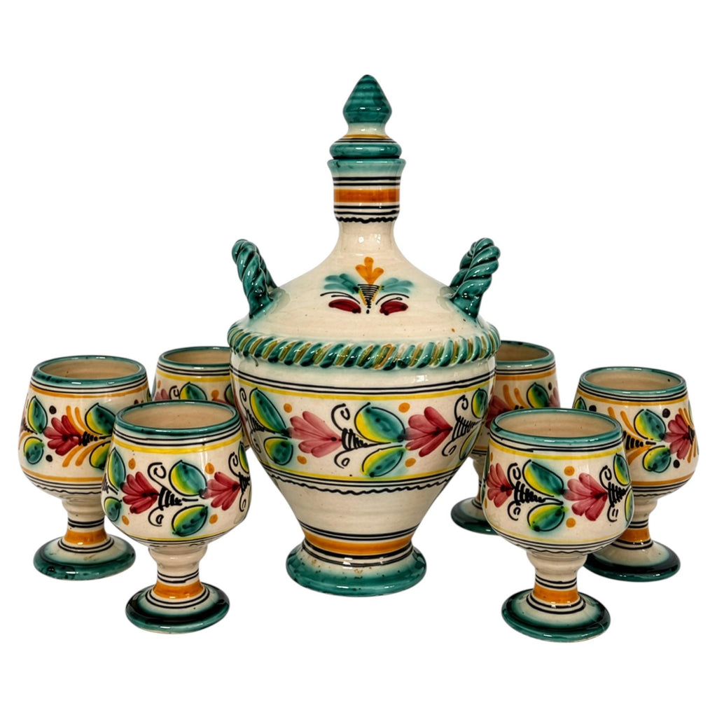 Vintage Hand-Painted Spanish Ceramic Decanter and Goblet Set, 1970