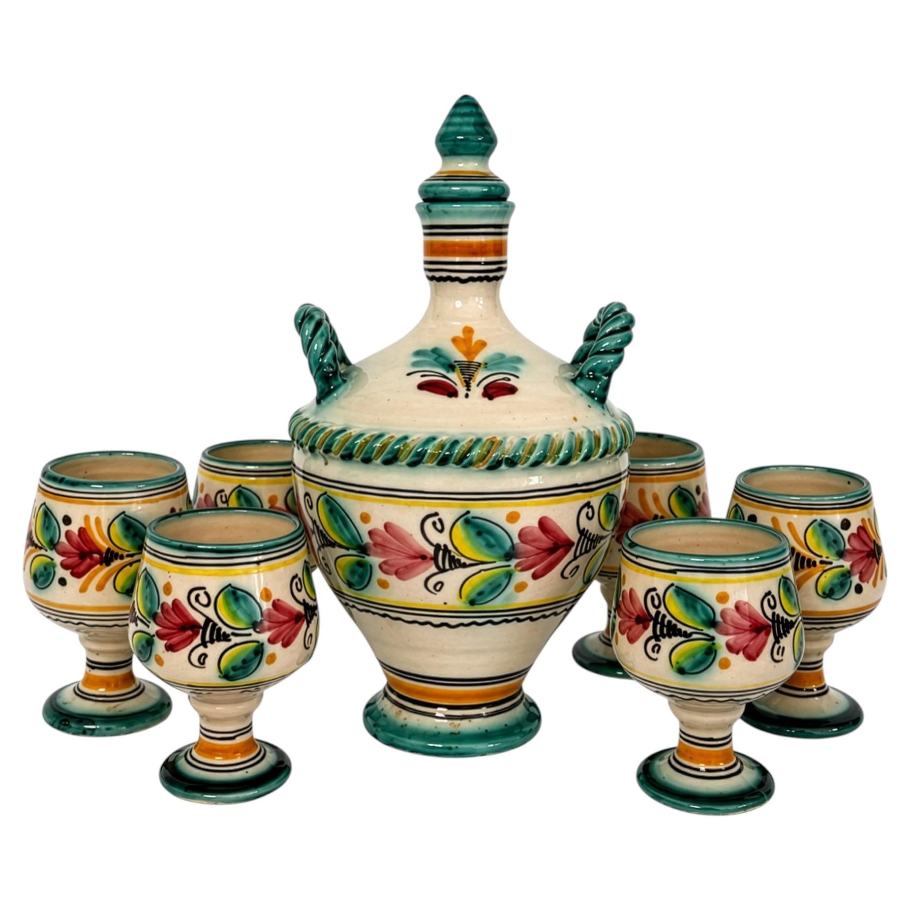 Vintage Hand-Painted Spanish Ceramic Decanter and Goblet Set, 1970