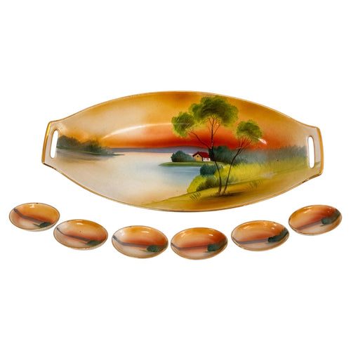 Antique Noritake Seven-Piece Hand-Painted Tsukemono Serving Set, Japan