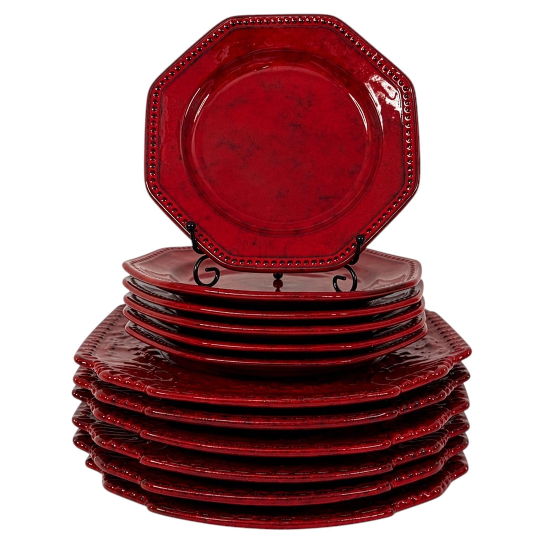 Vintage Sicilian Hand-Painted Ceramic Plate Set, Tomato-Red Glaze