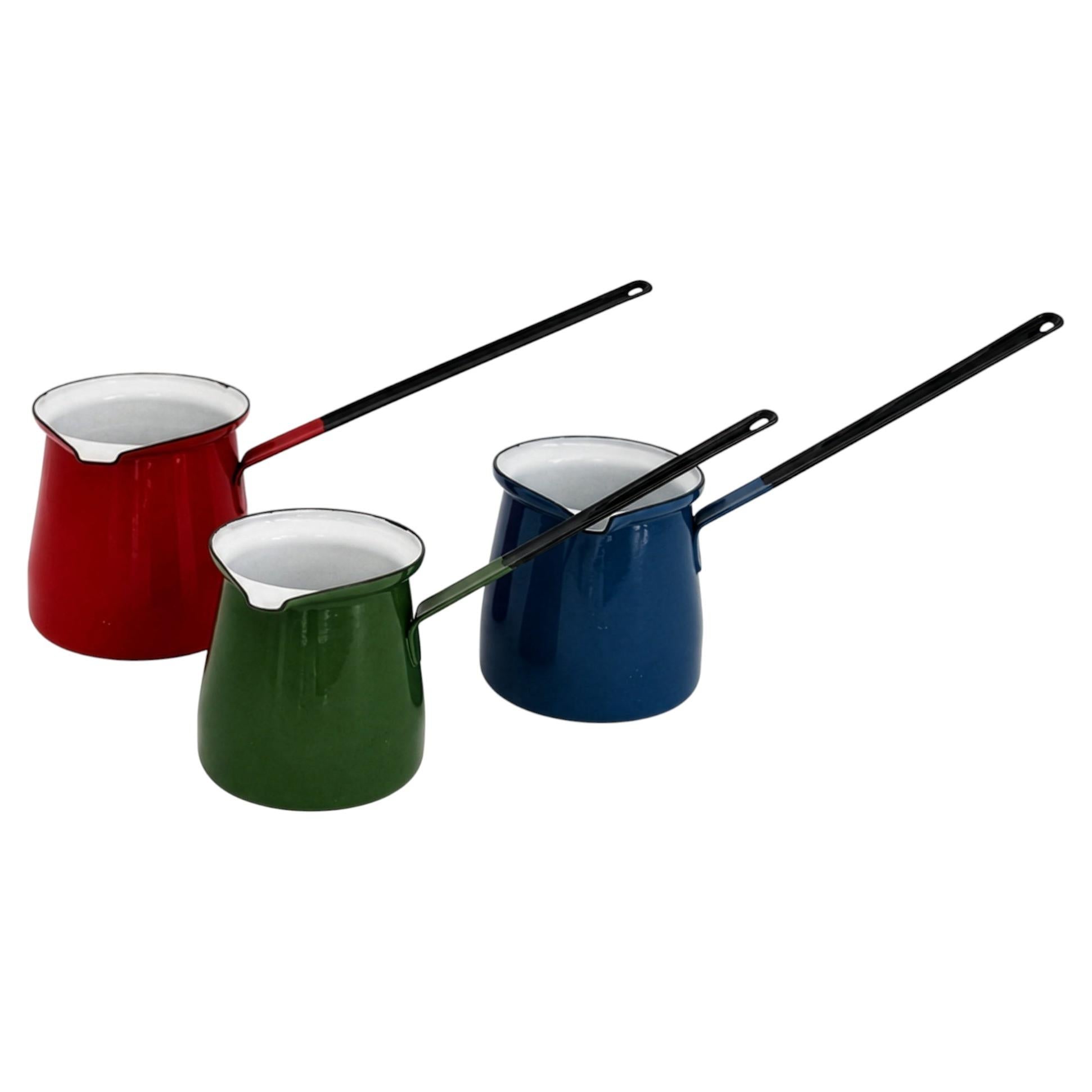 Set of Three Vintage Enameled Butter Warmers, Colorful Steel, 1970