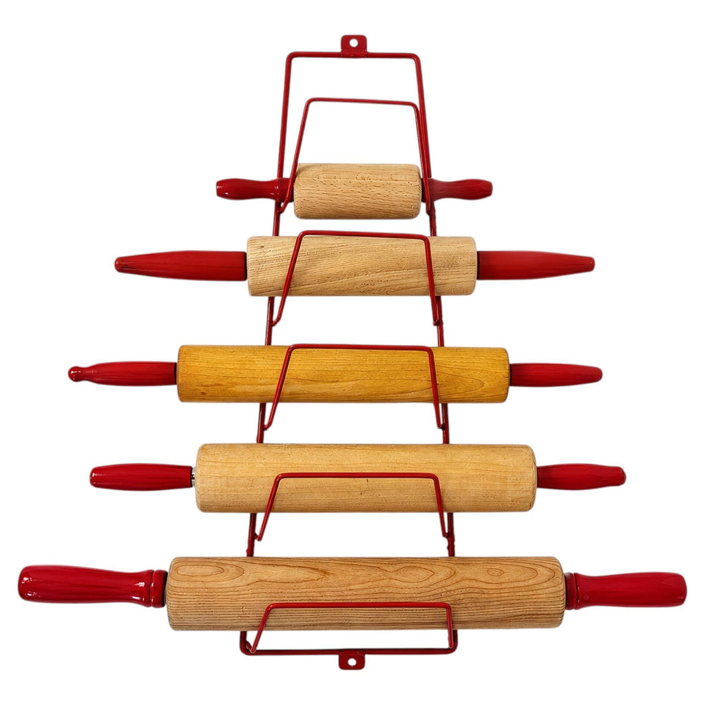Vintage Wooden Rolling Pins Set with Red Handles and Wall Rack