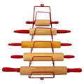 Vintage Wooden Rolling Pins Set with Red Handles and Wall Rack