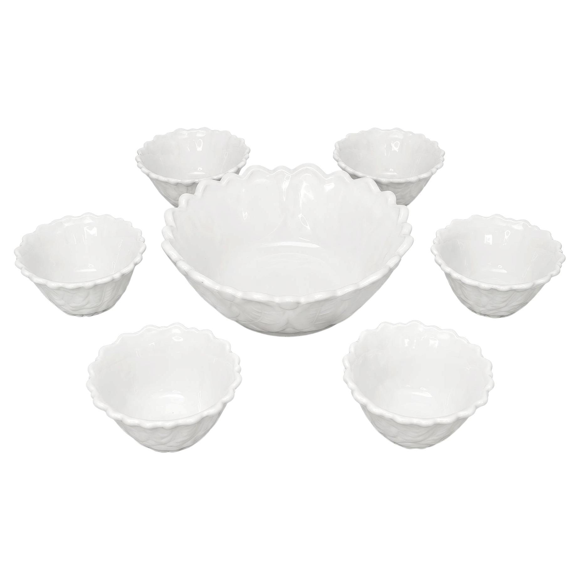 Vintage Indiana Glass Wild Rose Milk Glass Seven-Piece Bowl Set, 1960s