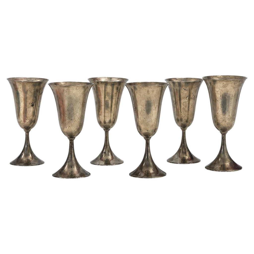 Vintage Set of Six Sculptural Pewter Goblets with Flared Rims