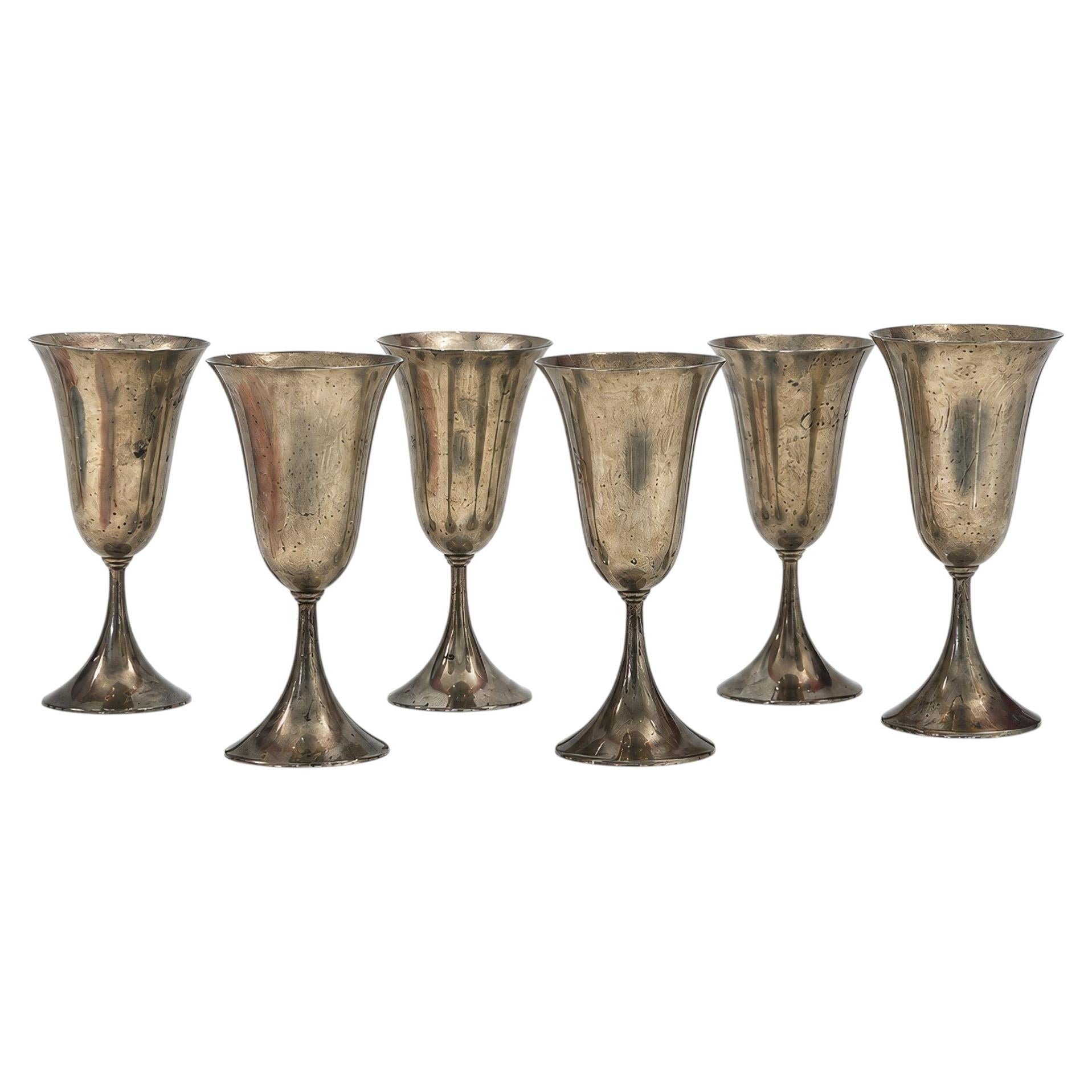 Vintage Set of Six Sculptural Pewter Goblets with Flared Rims
