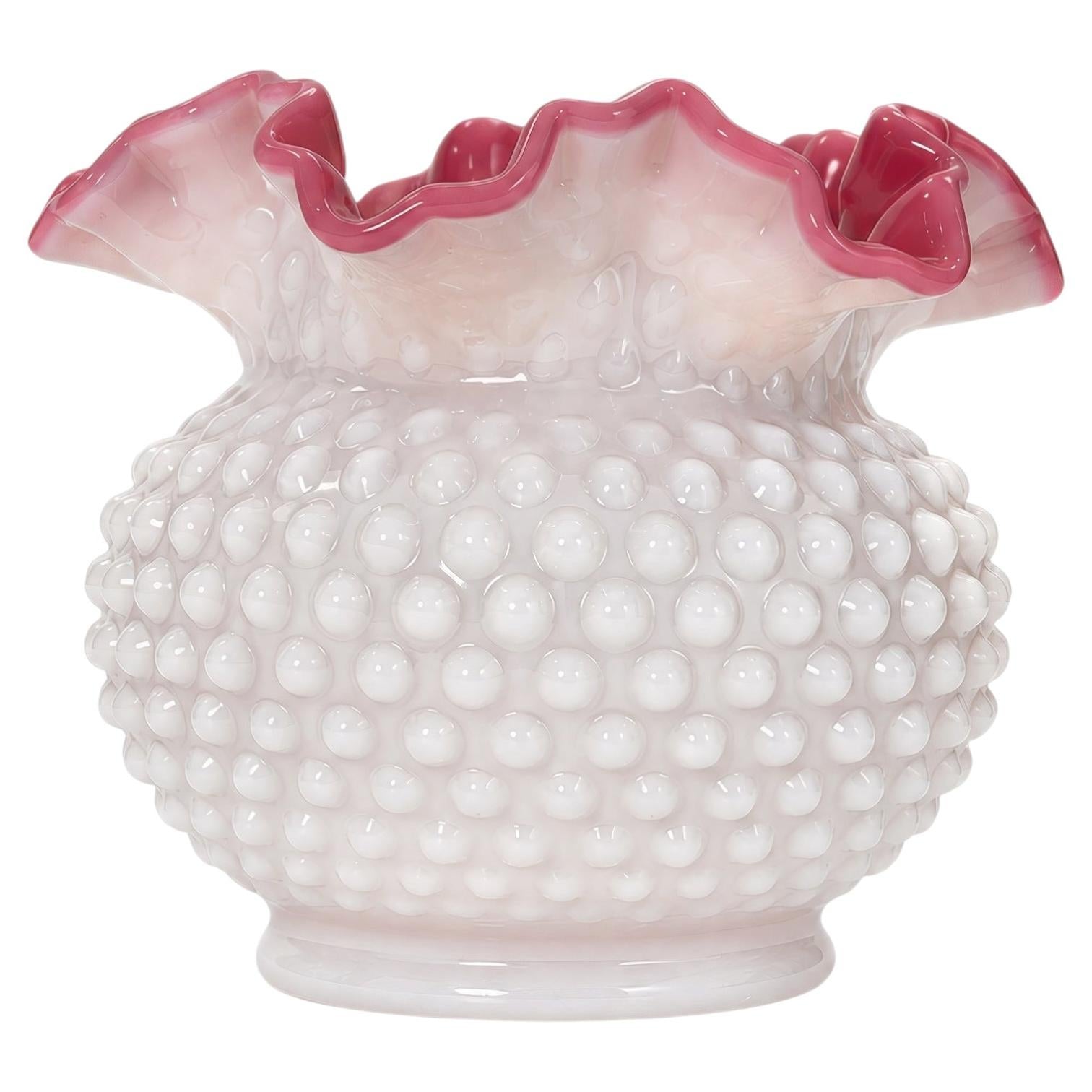 Vintage Fenton-Attributed Wild Rose Overlay Hobnail Milk Glass Rose Bowl