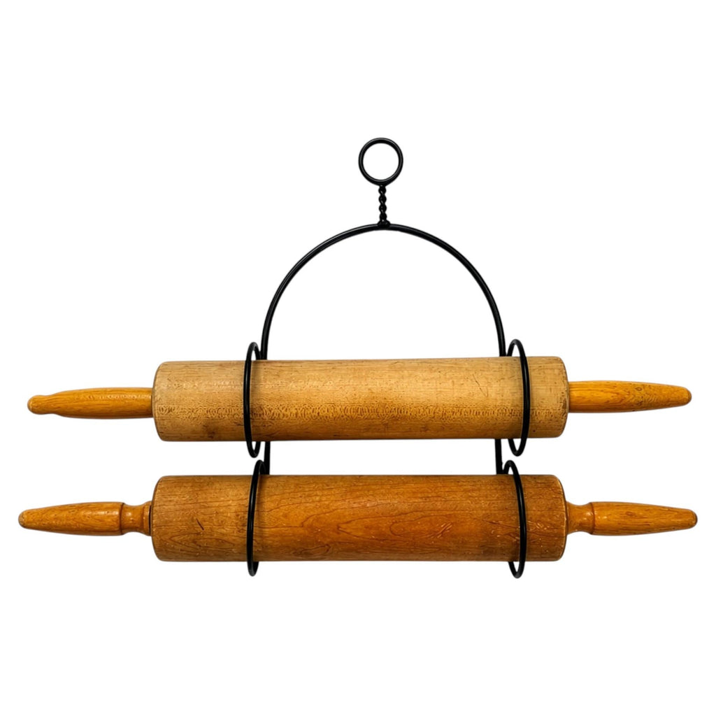Vintage Wooden Rolling Pins Set with Black Metal Wall Rack, Circa 1970s