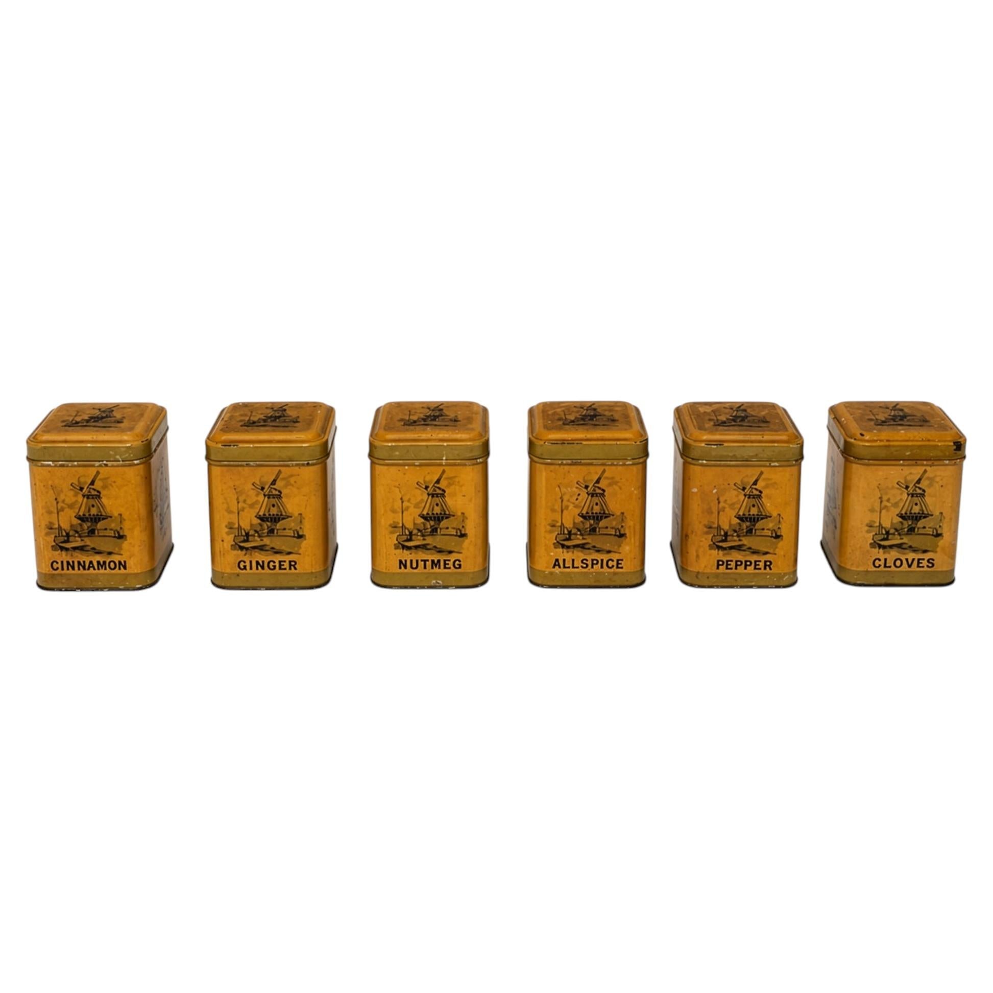 Vintage Dutch Spice Canister Set of Six with Windmill Design, 1960