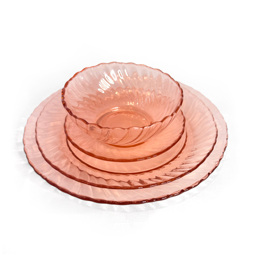 Set of Six Pink Spiral Depression Glass Tableware