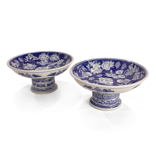 Pair of Chinese Blue and White Porcelain Pedestal Bowls