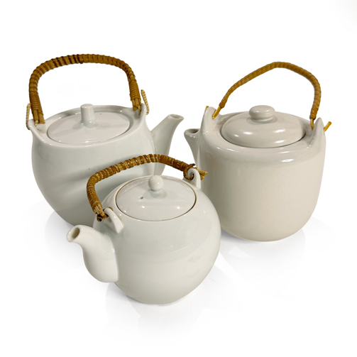 White Ceramic Teapots with Rattan Handles