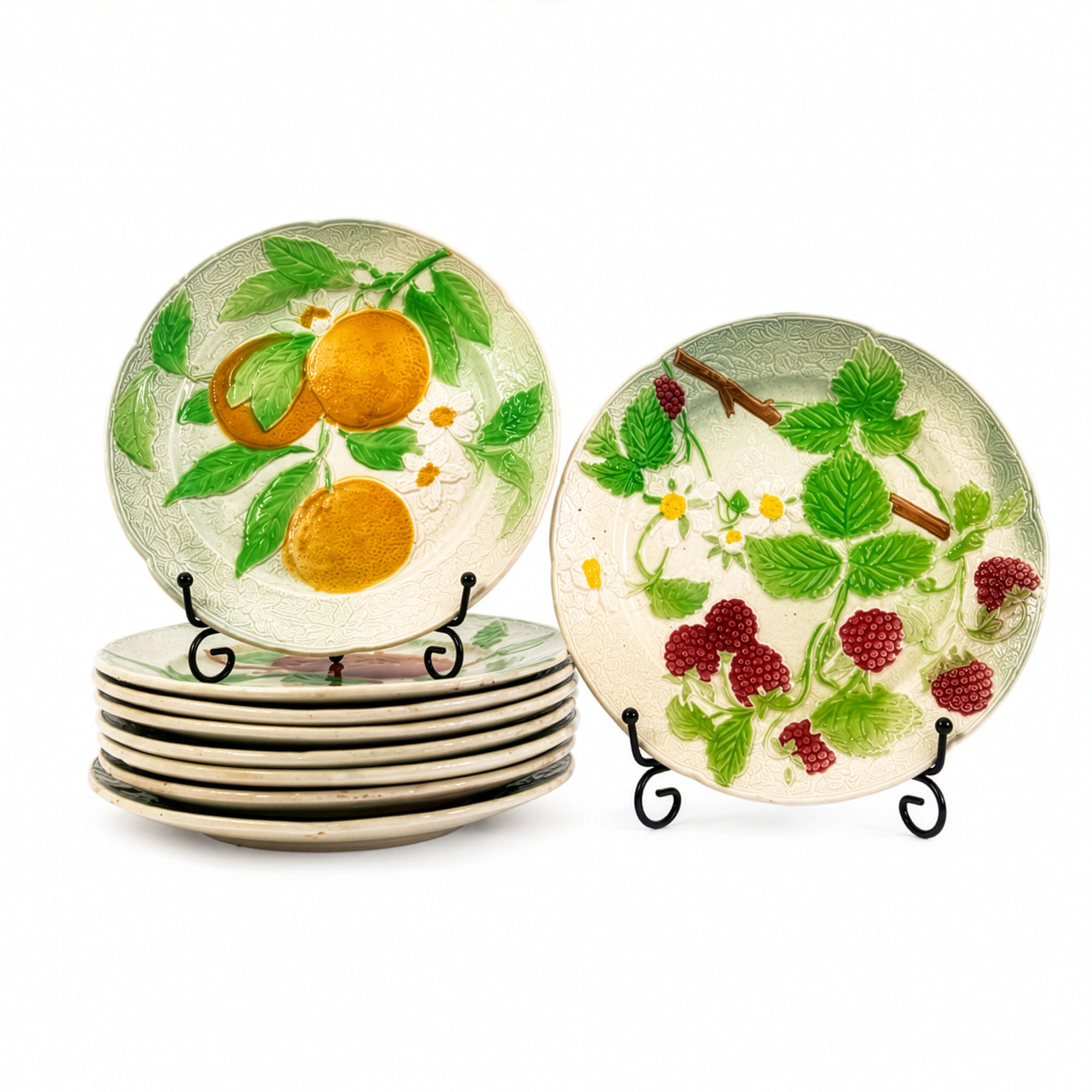 Antique French Saint-Clément Majolica Fruit Plates, Set of Ten, Circa 1900–1930