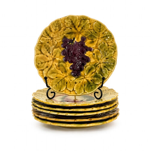 Antique Set of Six French Sarreguemines Majolica Fruit Plates, Circa 1890–1910