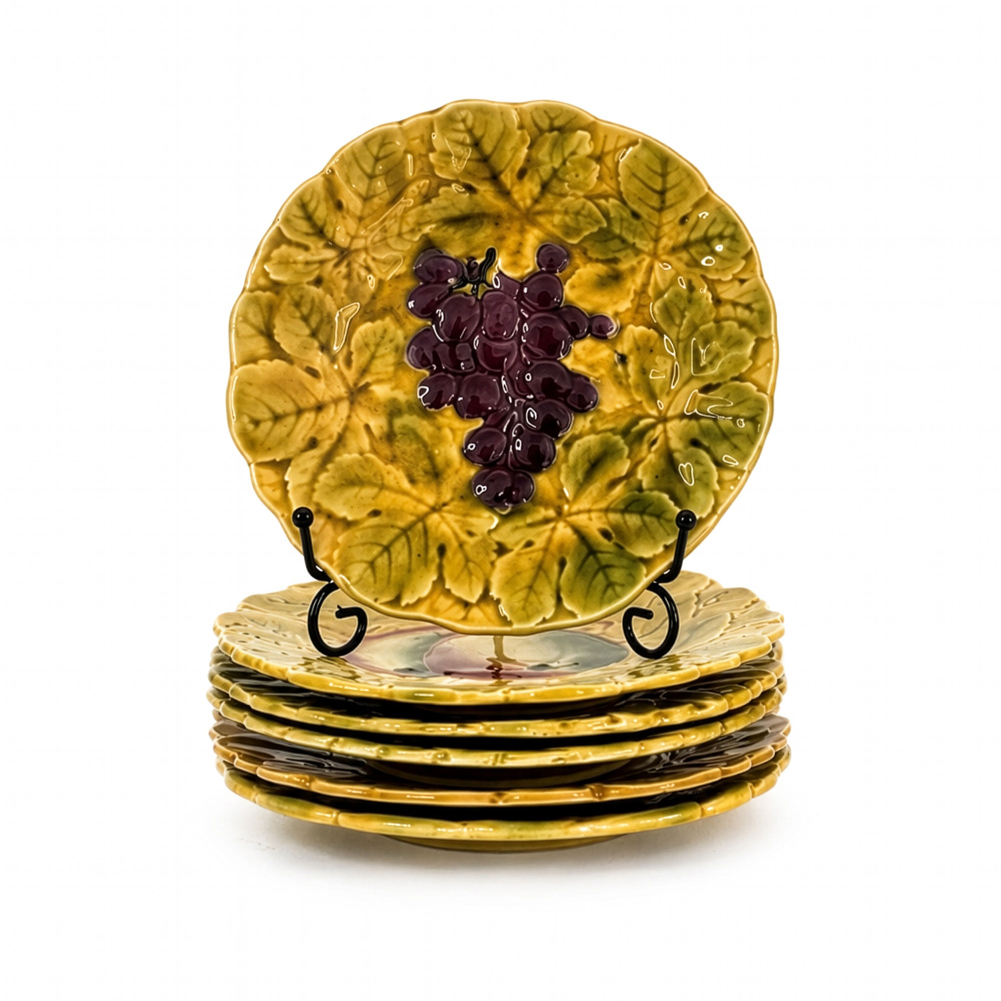 Antique Set of Six French Sarreguemines Majolica Fruit Plates, Circa 1890–1910
