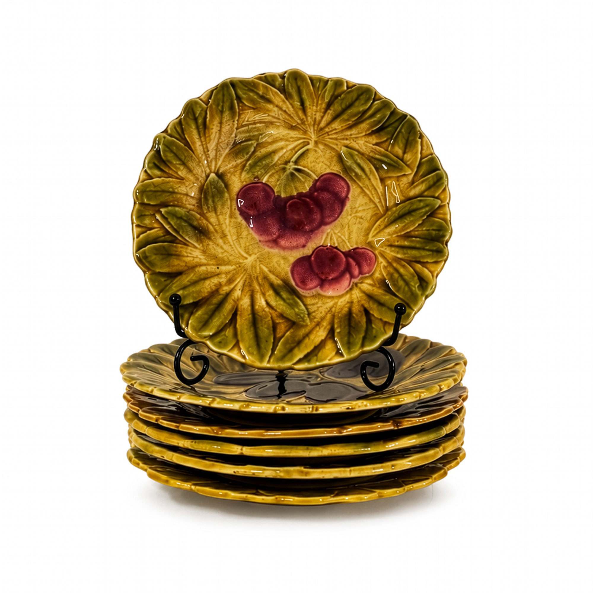 Antique Set of Six French Sarreguemines Majolica Fruit Plates, Circa 1890–1910 - Image 3