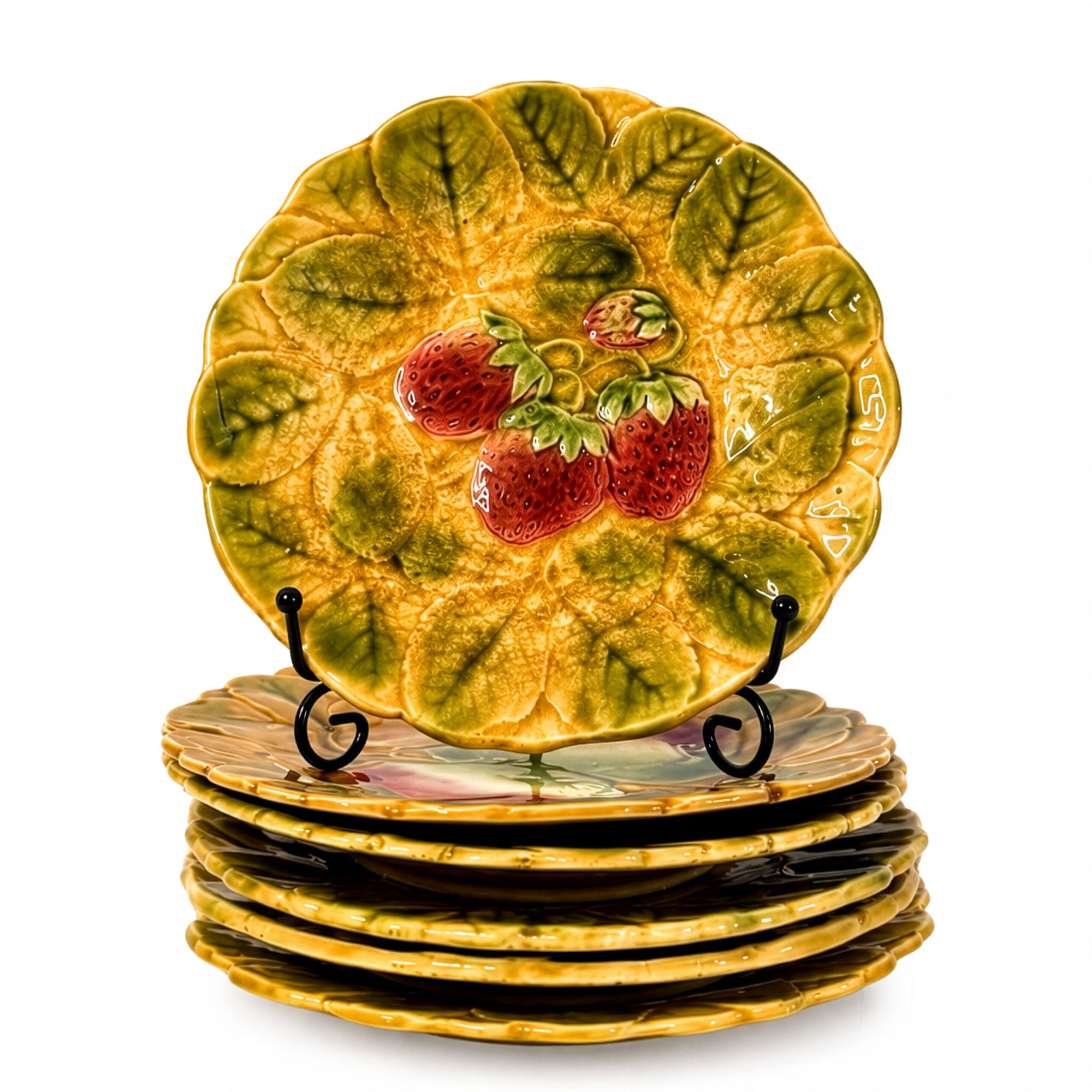 Antique Set of Six French Sarreguemines Majolica Fruit Plates, Circa 1890–1910 - Image 6