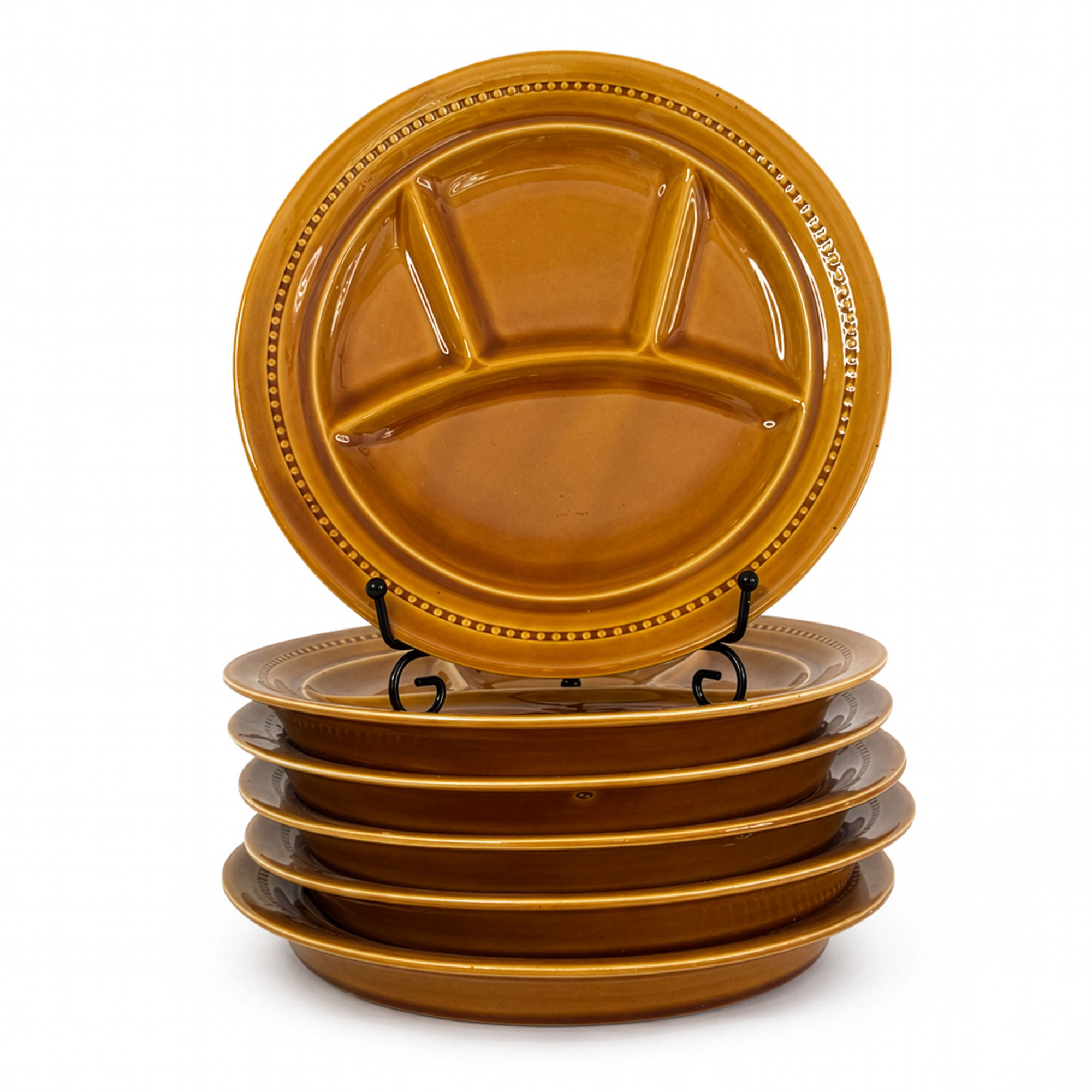 Set of Six French Lunéville Amber Glazed Fondue Plates, Mid-20th Century